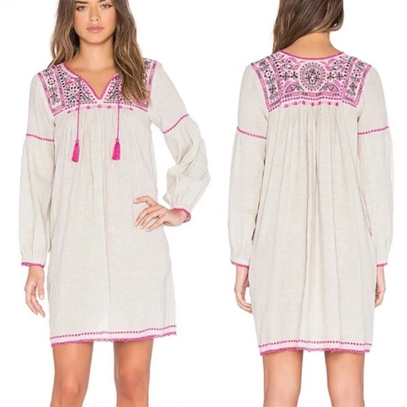 ULLA JOHNSON Mira Beachy Linen Blend Boho Embroidered Peasant Sleeve Dress - Picture 1 of 9